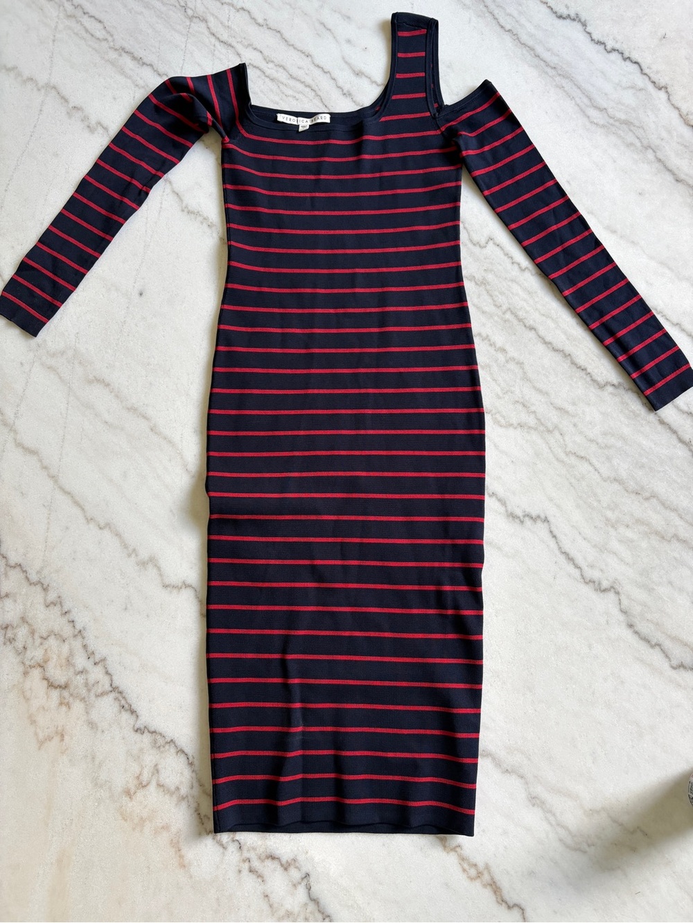 Veronica Beard Navy & Red Striped One-Shoulder Bodycon Midi Dress